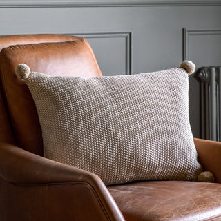 Moss Stitch Pom Pom Cushion Natural