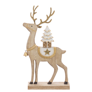 Wooden Reindeer With Tree Natural/White  33cm