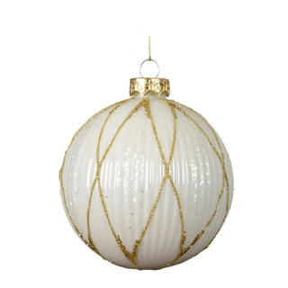 Gloss Ribbed White with Glitter Lines Glass Bauble