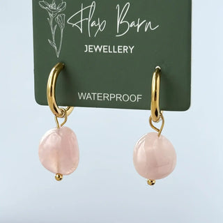 Tarnish Resistant Rose Quartz Gemstone Drop Huggies