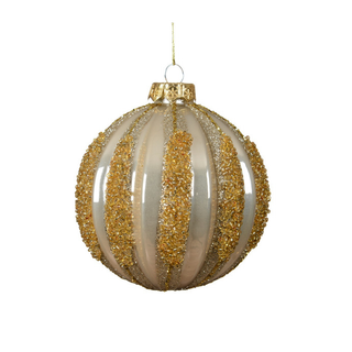 Gloss Pearl with Gold Glitter Stripes Glass Bauble
