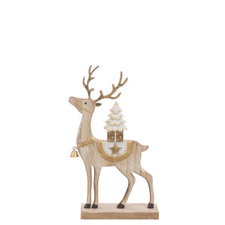 Wooden Reindeer With Tree Natural/White 25cm