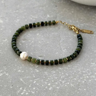 Tarnish Resistant Green Stone and Bead Bracelet