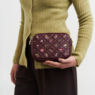 Alice Orla Embroidered Quilted Camera Bag in Burgundy