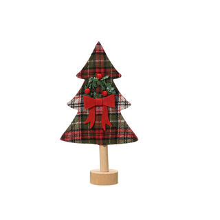 Green & Red Tartan Fabric Christmas Tree with Wreath on Stand Oranament