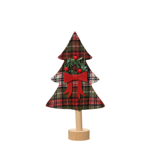 Green & Red Tartan Fabric Christmas Tree with Wreath on Stand Oranament