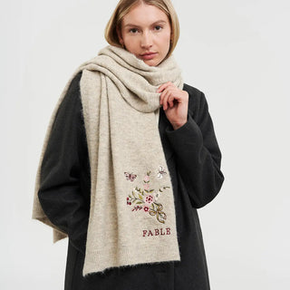 Eve Floral Embroidered Kntted Scarf in Oat Marl