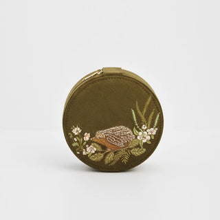 Hedgehog Embroidered Round Jewellery Box in Khaki Suedette