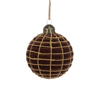 Glass Brown Checked Velvet Bauble 8cm