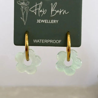 Tarnish Resistant Aqua Glass Bead Flower Huggies
