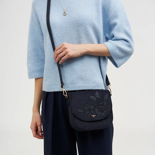 Beth Floral Applique Saddle Bag in Navy Suedette