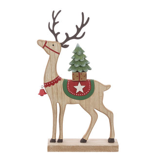 Wooden Reindeer With Tree Natural 33cm