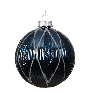 Gloss Navy Ribbed with Glitter Lines Glass Bauble