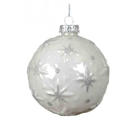 Gloss White with Silver Stars Glass Bauble