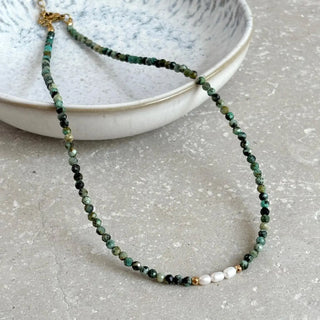 Tarnish Resistant Triple Pearl and Green Gemstone Necklace