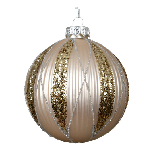 Ribbed Blush with Gliiter Lines Glass Bauble