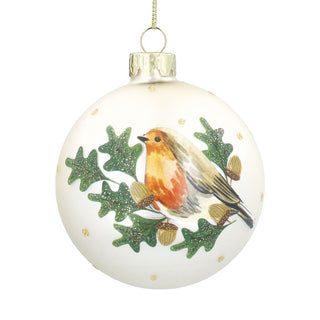 Pale Gold with Robin in Oak Glass Bauble
