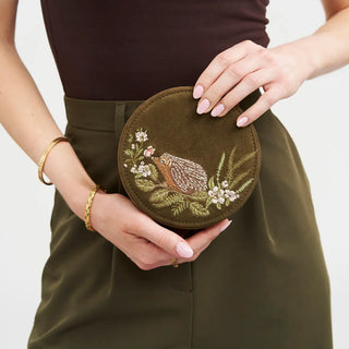 Hedgehog Embroidered Round Jewellery Box in Khaki Suedette