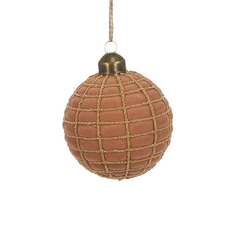 Glass Beige Checked Velvet Bauble 8cm