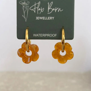 Tarnish Resistant Amber Glass Bead Flower Huggies