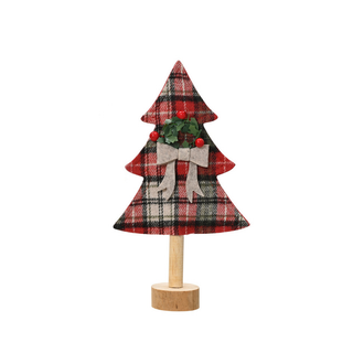 Red & White Tartan Fabric Christmas Tree with Wreath on Stand Oranament