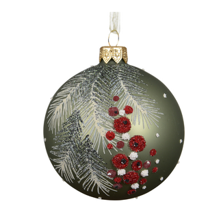 Matt Green with Glitter Branch & Berries Glass Bauble