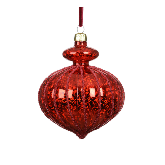 Christmas Red Beaded Lines Crackle Onion Bauble