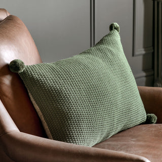 Moss Stitch Pom Pom Cushion Olive