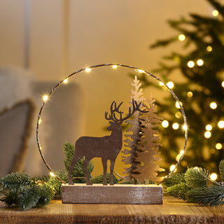 LED Ring with Reindeer Wooden Base Ornament 21cm