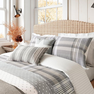 Brushed Cotton Check Duvet Cover Set Single Warm Grey
