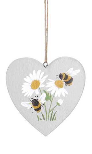 Daisy Bee Wooden Heart Decoration White